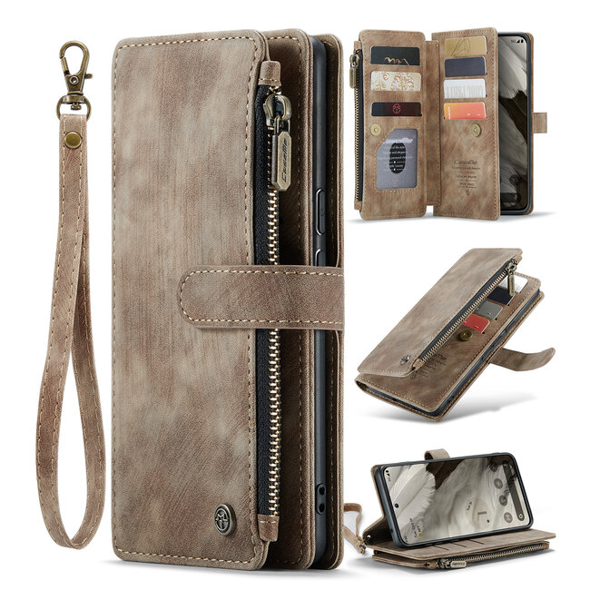 CaseMe - Hoesje geschikt voor Google Pixel 8 - Vintage Wallet Book Case Ritssluiting - Met Magneetsluiting - Bruin