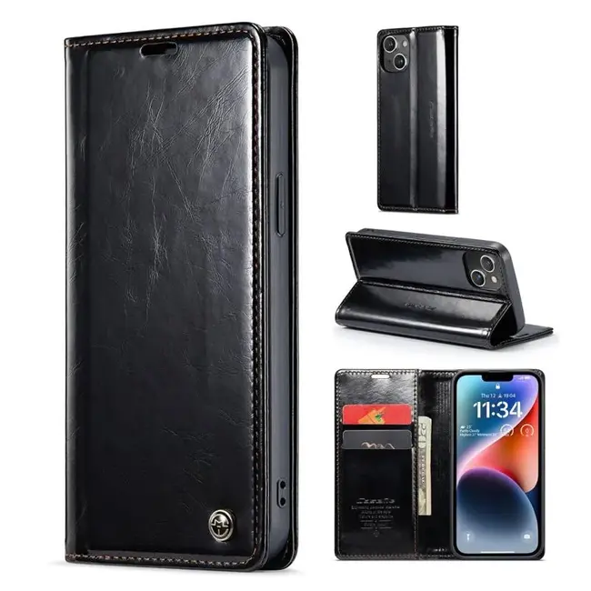 CaseMe - Telefoonhoesje geschikt voor Apple iPhone 15 - Flip Wallet Case - Magneetsluiting - Zwart