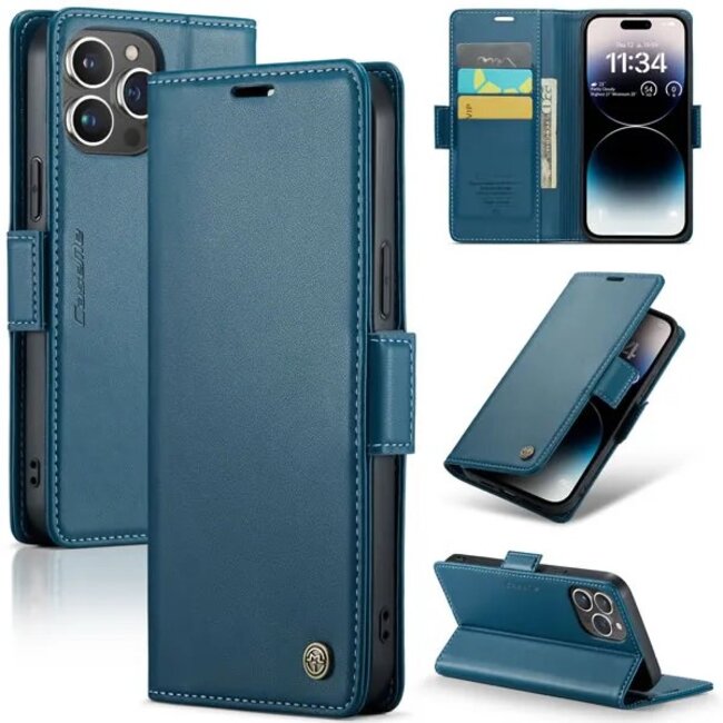 CaseMe - Hoesje geschikt voor iPhone 15 Pro - Retro Wallet Book Case - Met Magnetische Sluiting - Blauw
