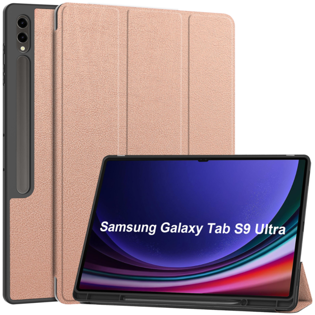 Tablet hoes geschikt voor Samsung Galaxy Tab S9 Ultra (2023) - Auto Wake/Sleep functie - Tri-Fold Book Case met penhouder - Rose Goud
