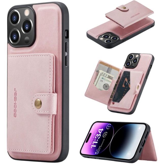 CaseMe - Telefoonhoesje geschikt voor Apple iPhone 15 Pro - Back Cover - Met Magnetische Pasjeshouder - Roze