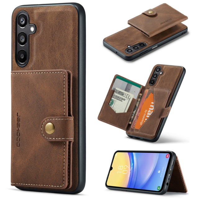 CaseMe - Telefoonhoesje geschikt voor Samsung Galaxy A15 - Back Cover - Met Magnetische Pasjeshouder - Donker Bruin