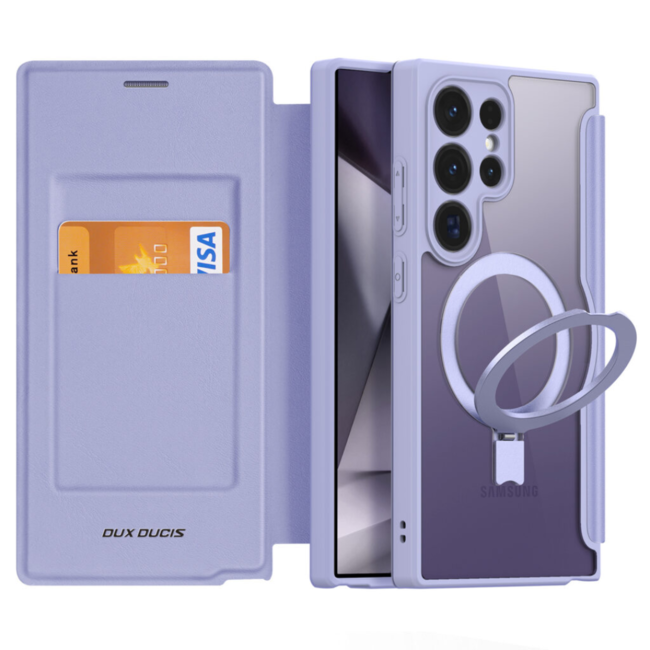 Dux Ducis - Telefoonhoesje geschikt voor Samsung Galaxy S24 Ultra - Hoesje geschikt voor Magsafe Magneet - Met Ringhouder - Skin X Pro Book Case Series - Paars