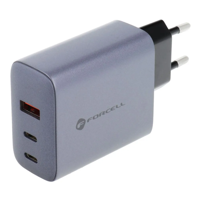 Forcell - Adapter - met 2 x USB C en USB A aansluitingen - 4A 65W - Quick Charge 4.0 - Grijs