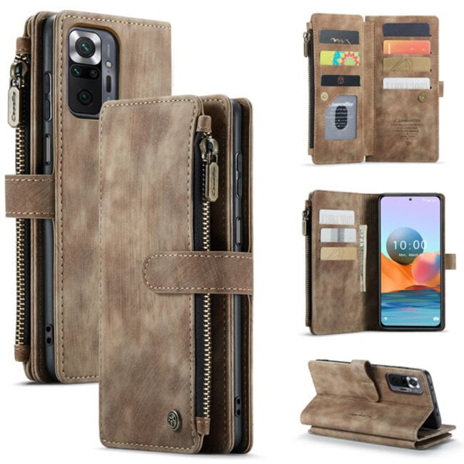 CaseMe - Telefoonhoesje geschikt voor Xiaomi Redmi Note 10 Pro / 10 Pro Max - Wallet Book Case met ritssluiting - Magneetsluiting - Bruin