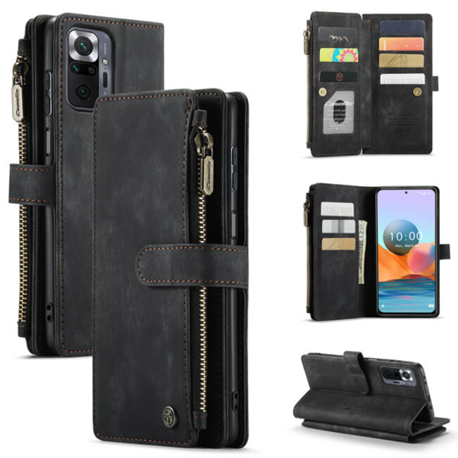 CaseMe - Telefoonhoesje geschikt voor Xiaomi Redmi Note 10 Pro / 10 Pro Max - Wallet Book Case met ritssluiting - Magneetsluiting - Zwart