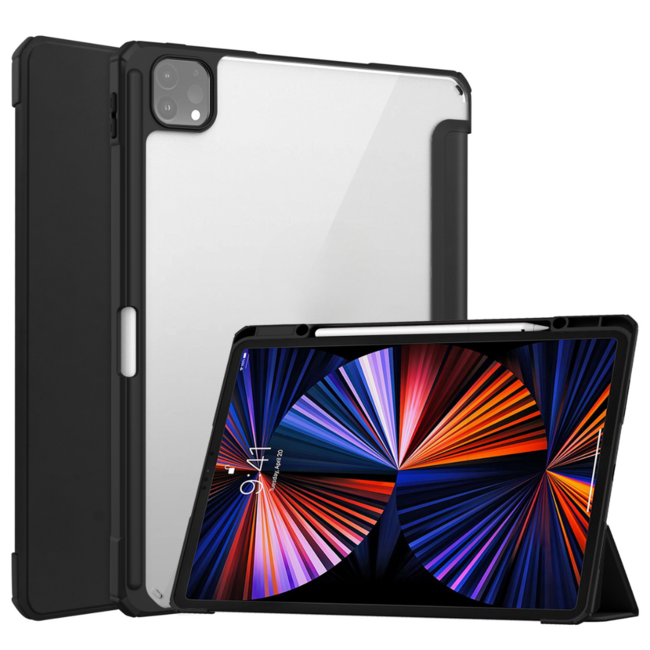 Case2go - Case for iPad Pro 2021 (12.9 Inch) - Tri-fold Back Cover - With Pencil Holder- Black
