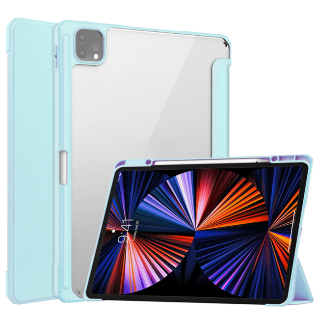 Case2go - Case for iPad Pro 2021 (12.9 Inch) - Tri-fold Back Cover - With Pencil Holder- Light Blue