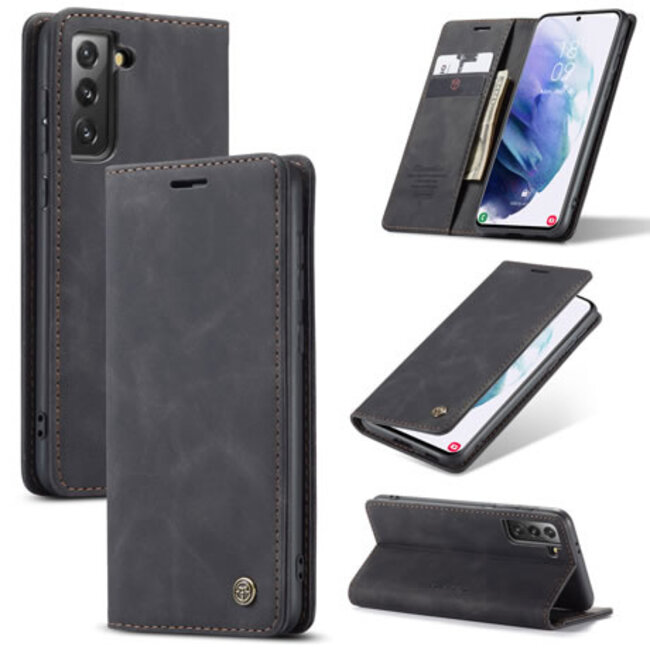 CaseMe - Case for Samsung Galaxy S21 Plus Case - PU Leather Wallet Case Card Slot Kickstand Magnetic Closure - Black