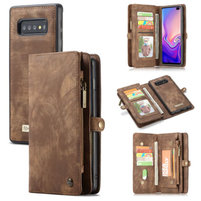 CaseMe - Case for Samusng Galaxy S10 - Wallet Case Whiteh Card Holder, Magnetic Detachable Cover - Brown