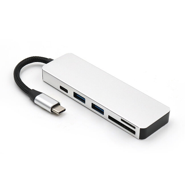 USB Splitter & SD Kaartlezer - USB Hub 3.0 - 2 Poorten - USB-C aansluiting - Aluminium - Zilver