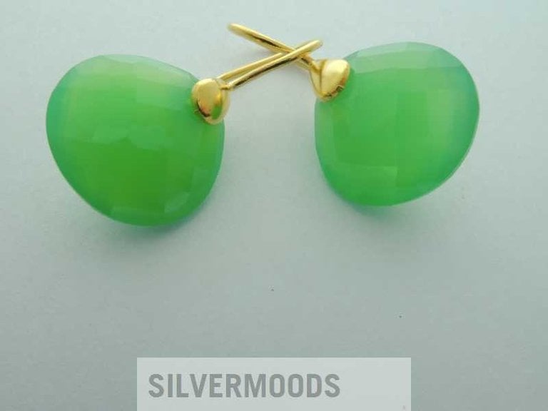 P1 OG0052 OORHAAK Ag925 VERGULD CHALCEDOON GROEN 14MM DRUPPEL