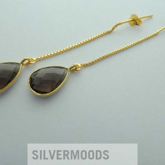 P32 OG0048 OORSTEKER Ag925 VERGULD ROOKKWARTS BRUIN  12X9MM DRUPPEL+KETTING