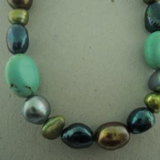 KZ0046 KETTING ZOETWATERPAREL TURKOOIS 42CM ONREGELMATIG