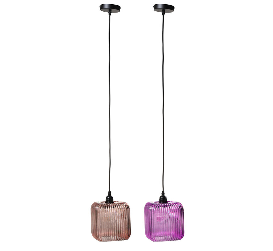 Hanglamp Glas  Vierkant Geribbeld Roze - Paars
