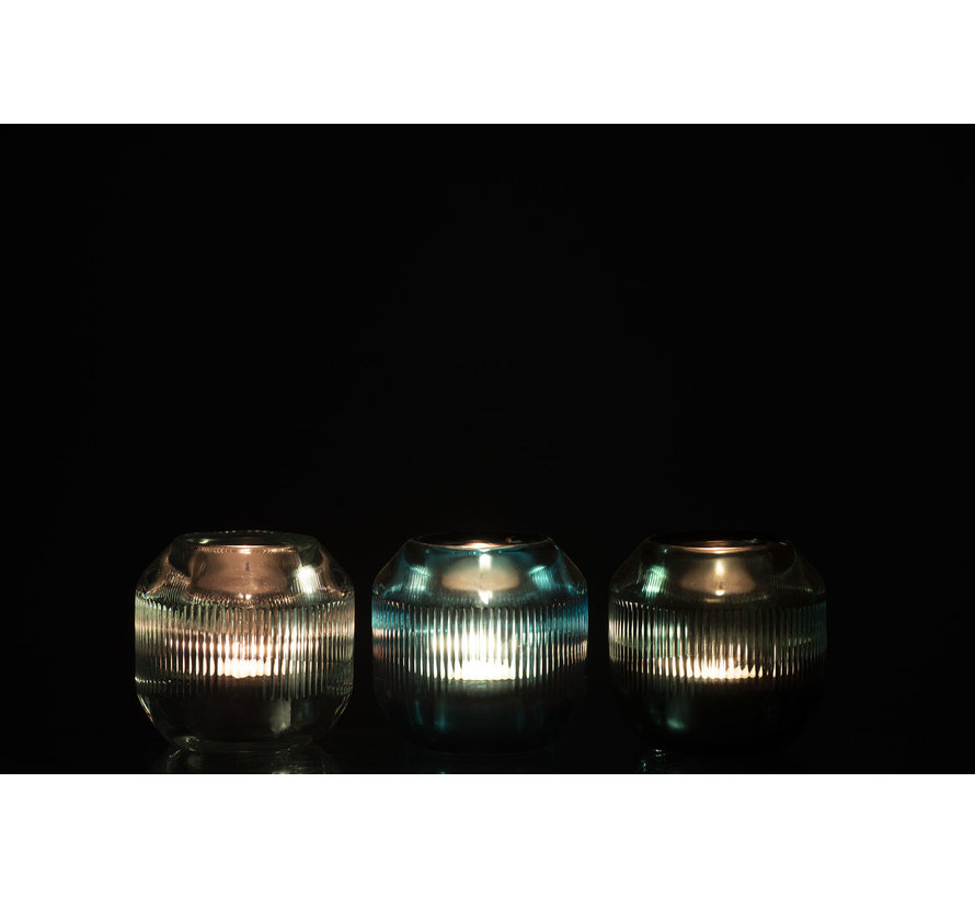 Tealight holder Glass Round Ribbed Green - Blue