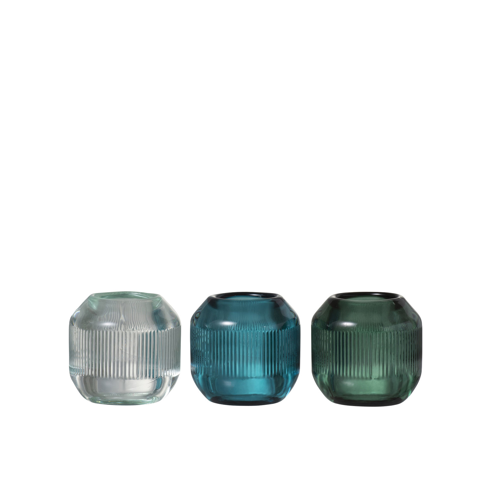 J-Line Tealight holder Glass Round Ribbed Green - Blue