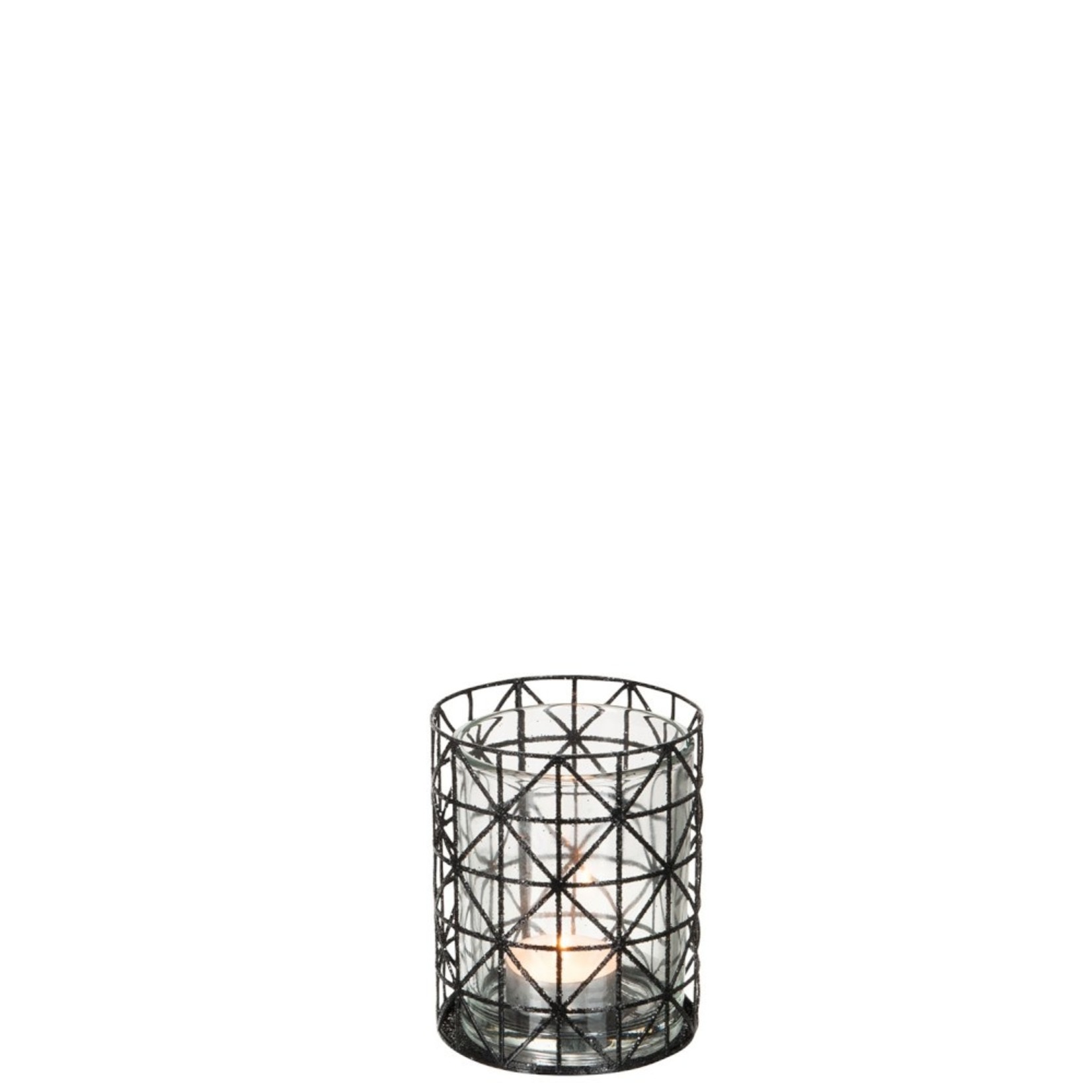 J-Line Tea Light Holder Glass Grid Metal Glitter Black - Small