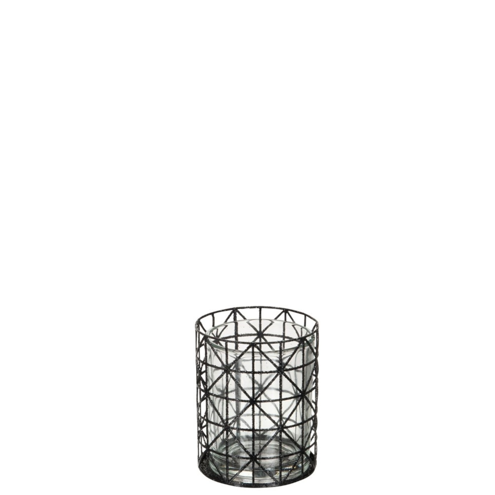 J-Line Tea Light Holder Glass Grid Metal Glitter Black - Small