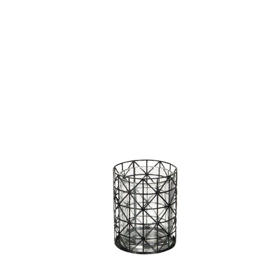 Tea Light Holder Glass Grid Metal Glitter Black Small Sl