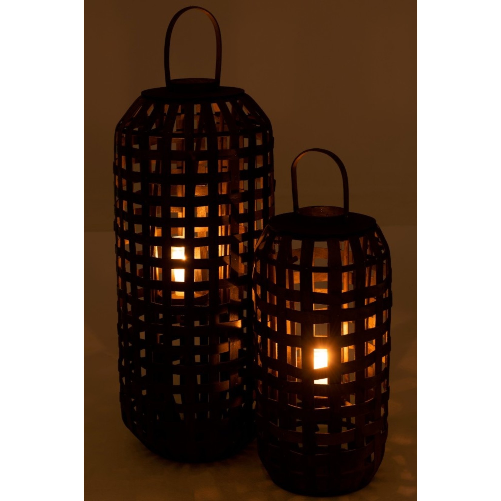 J-Line Lantern Cylinder Textured Wood Dark Brown - Small