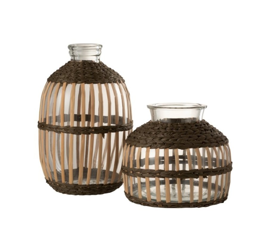 Vase Glass Round Rattan Transparent Brown - Small