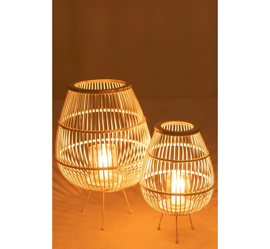 Lantern Rustic On Foot Bamboo Glass White - Small