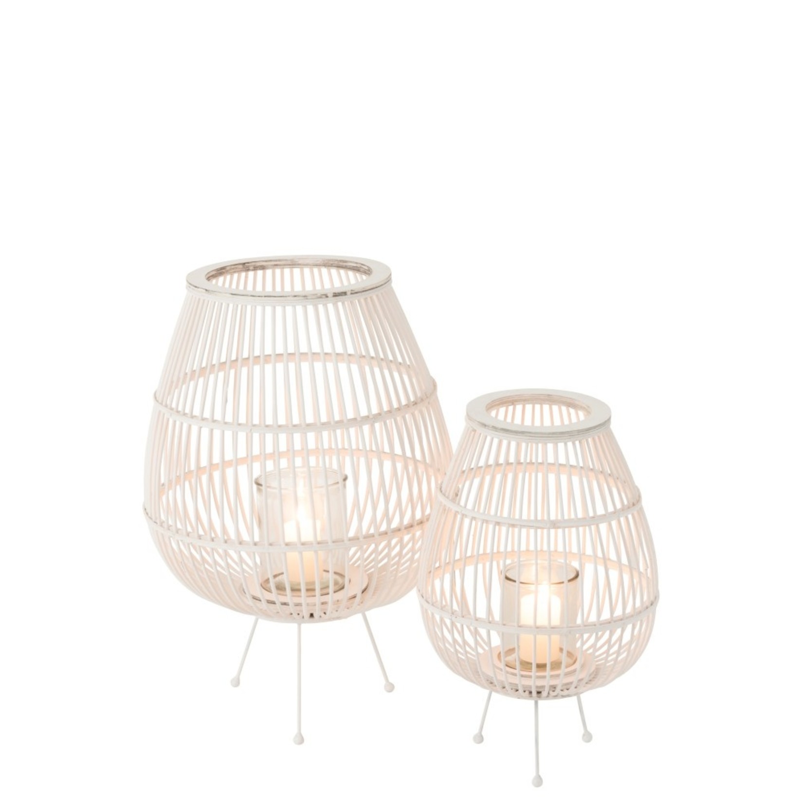 J-Line Lantern Rustic On Foot Bamboo Glass White - Large