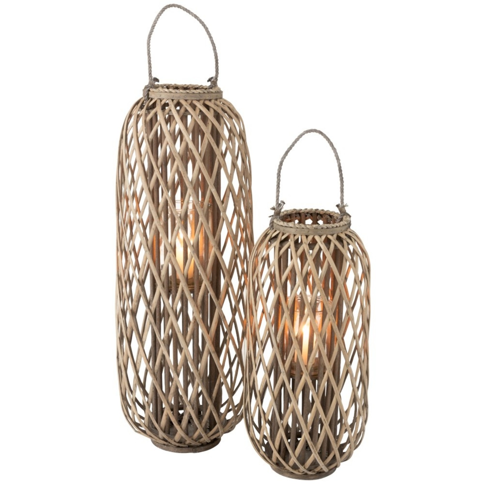 J-Line Lantaarn Cilinder Geweven Willow Hout Grijs - Small