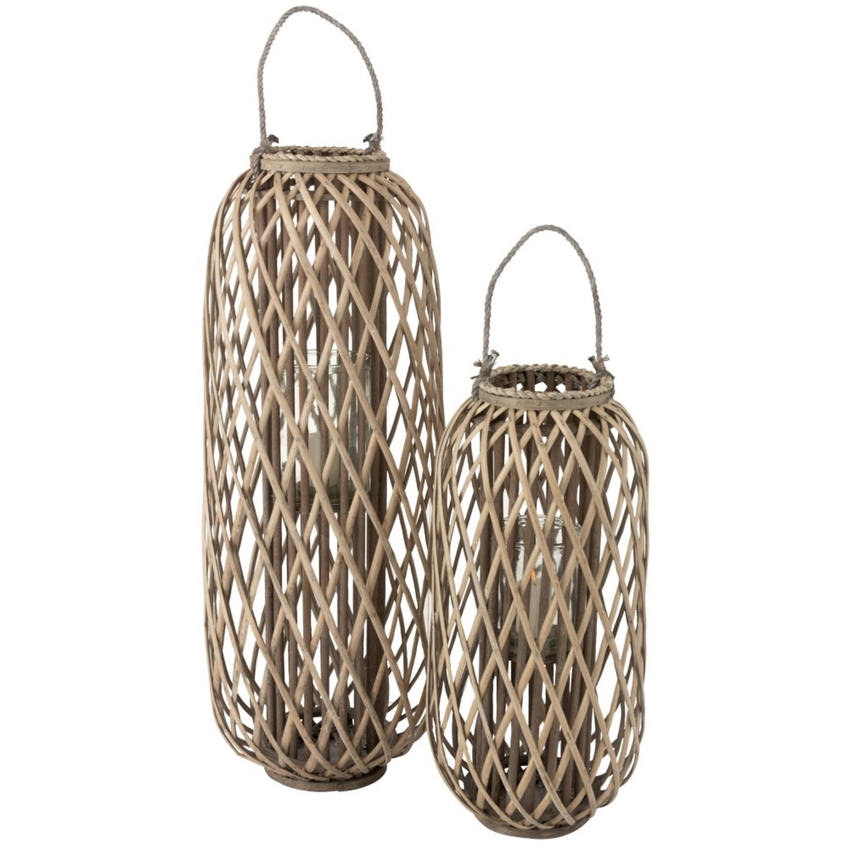 J-Line Lantaarn Cilinder Geweven Willow Hout Grijs - Small