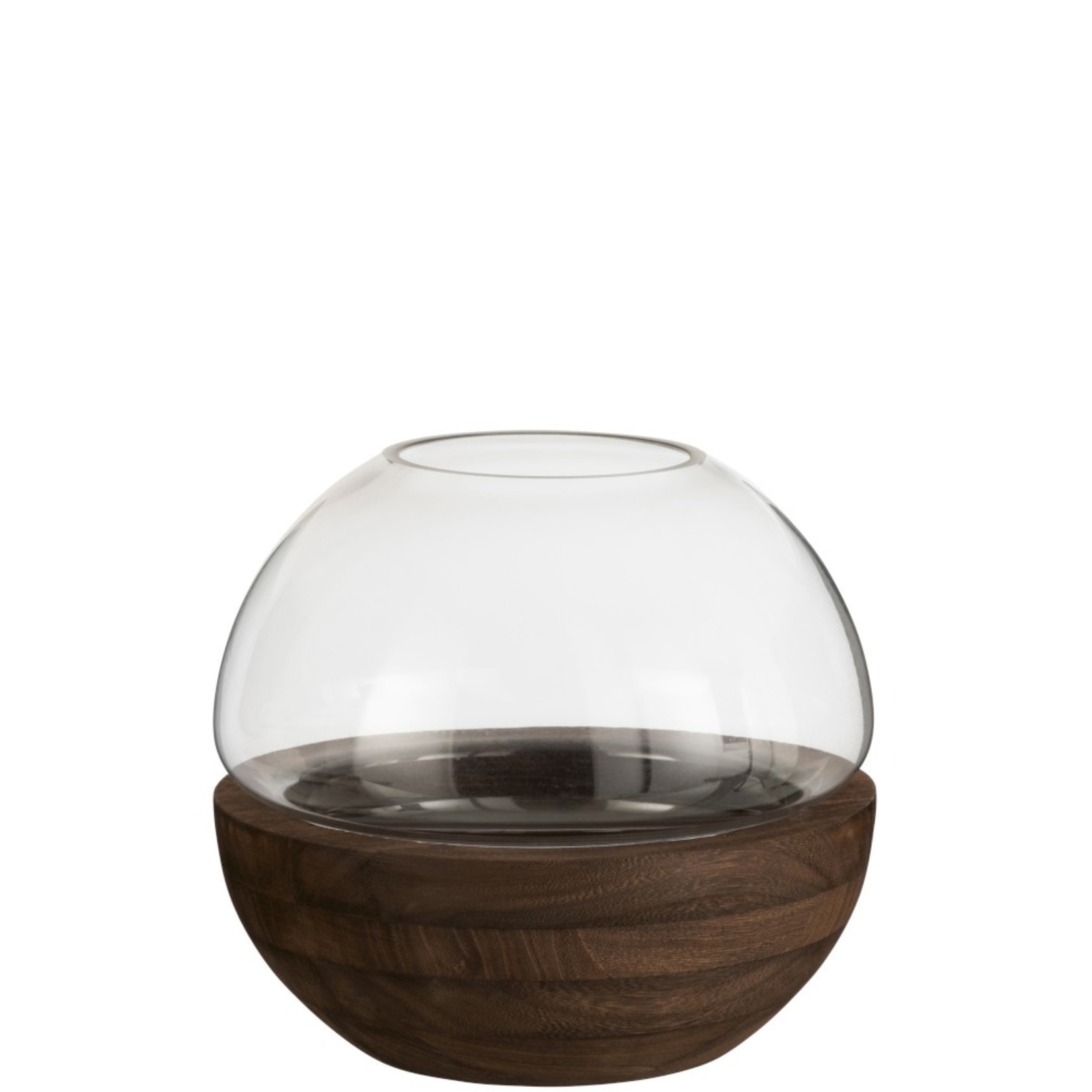 J-Line Vase Glass Round Two-piece Glass Wood - Dark Brown