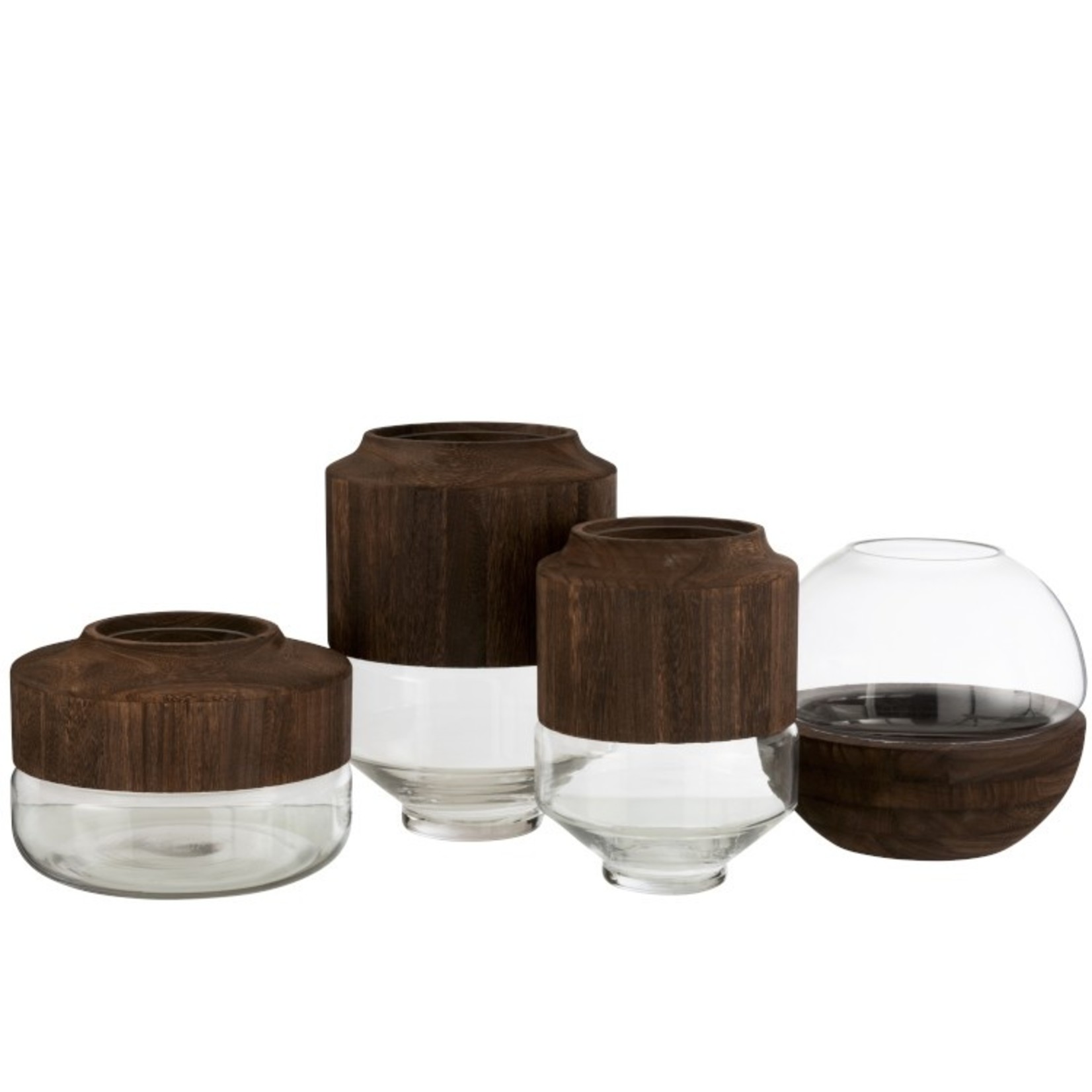 J-Line Vase Glass Round Two-piece Glass Wood - Dark Brown