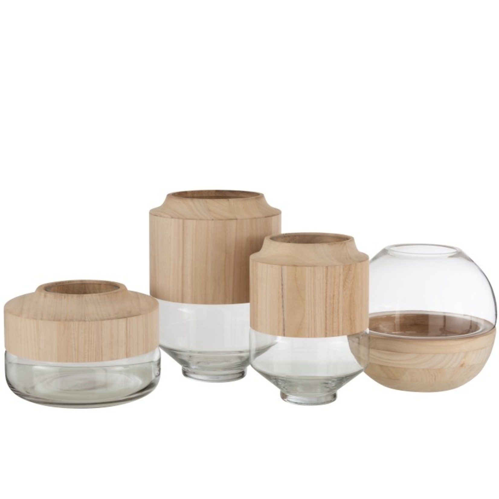 J-Line Vase Glass Round Two-piece Glass Wood - Light Brown