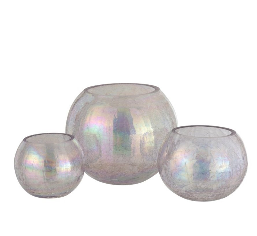 Tealight Holder Glass Round Crackle Mother of Pearl Pink - Large