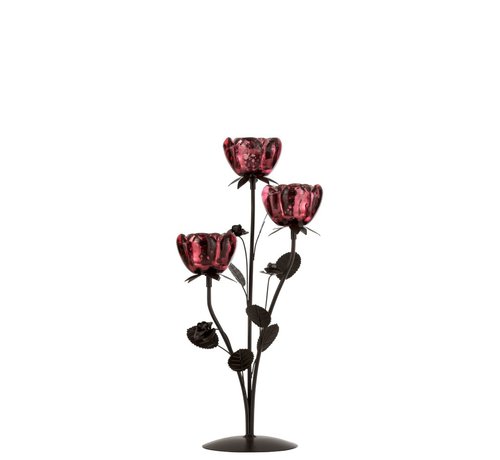 J-Line Tealight Holder Stand Glass Three Roses Red - Small