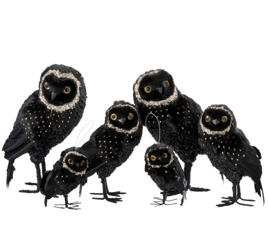 Decoration Christmas Owl Plush Feathers Black Gold - Small