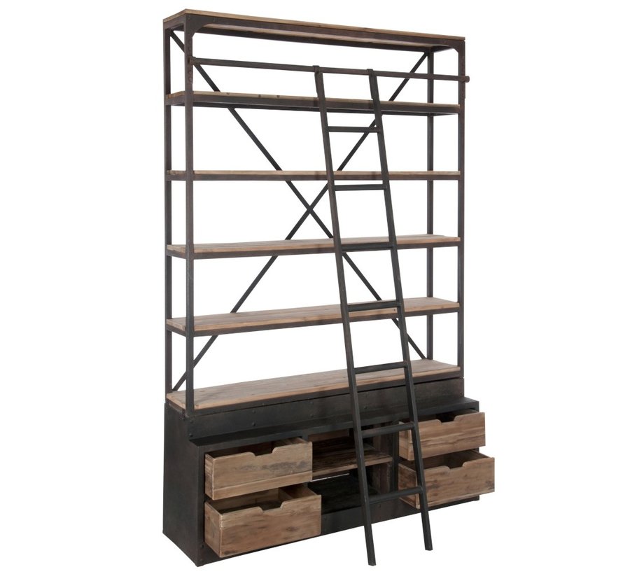 Bookcase With Ladder Drawers Metal Wood - Brown