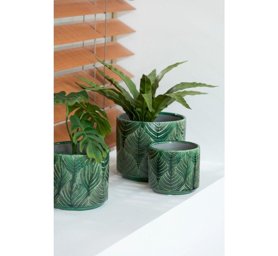 Flowerpot Ceramic Leaves Green - Large
