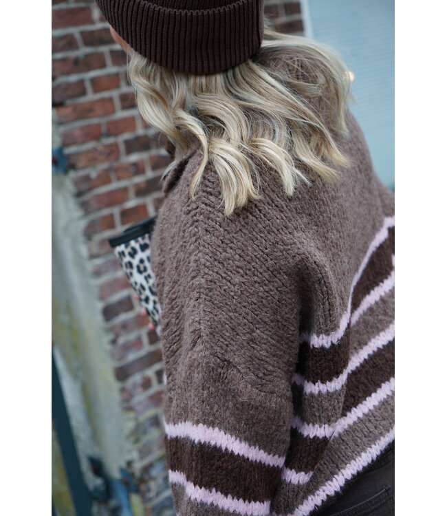 GEBREIDE STREEP TRUI TAUPE ROZE