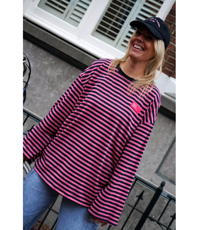 OVERSIZED STREEP TOP BLAUW ROZE