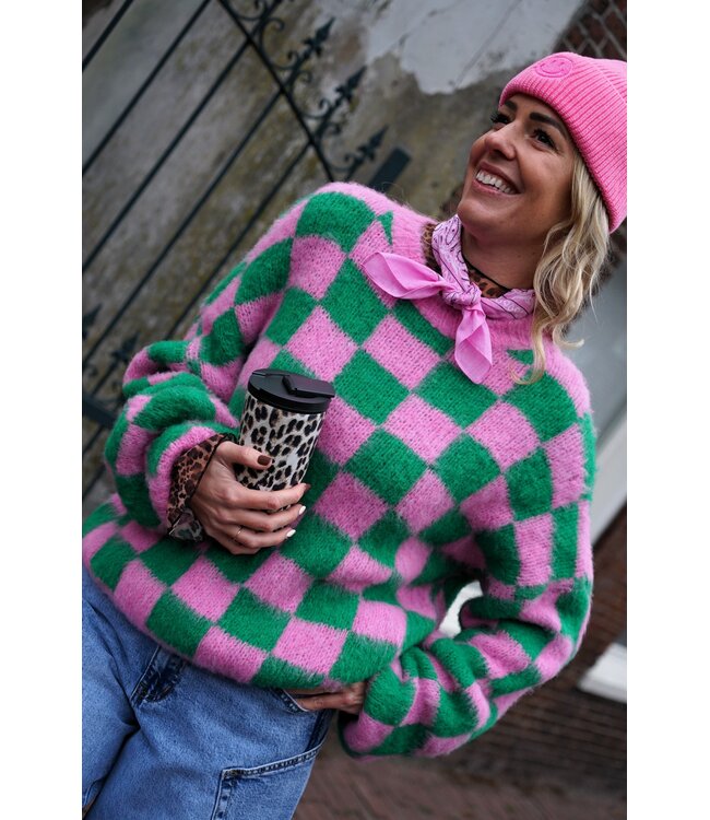 GEBLOKTE TRUI GROEN ROZE