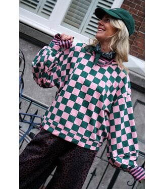 GEBLOKTE TRUI GROEN ROZE