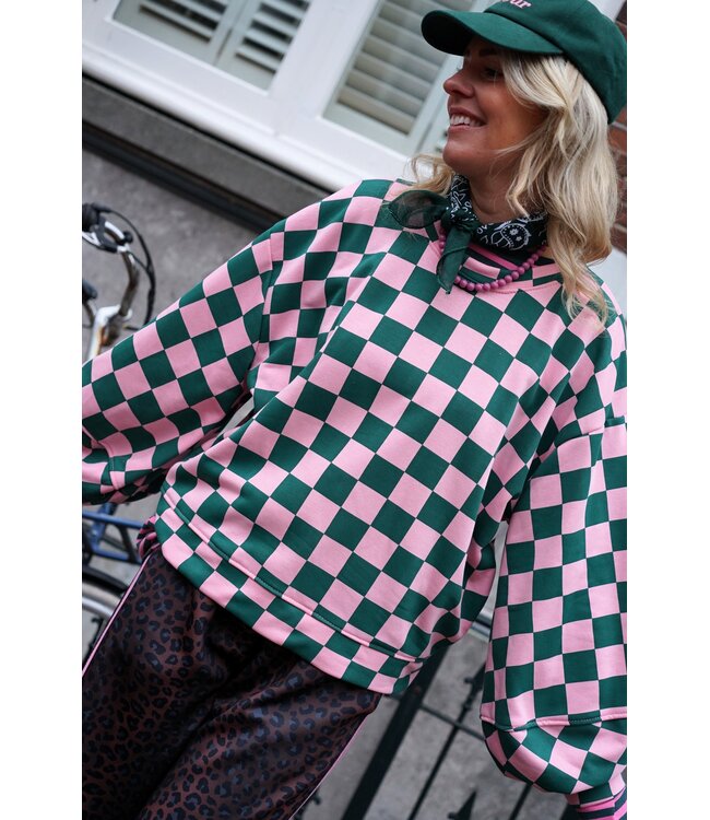 GEBLOKTE TRUI GROEN ROZE