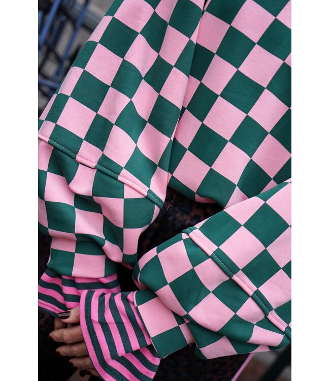 GEBLOKTE TRUI GROEN ROZE