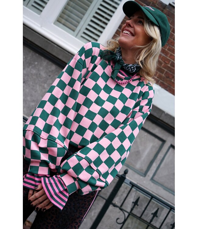 GEBLOKTE TRUI GROEN ROZE