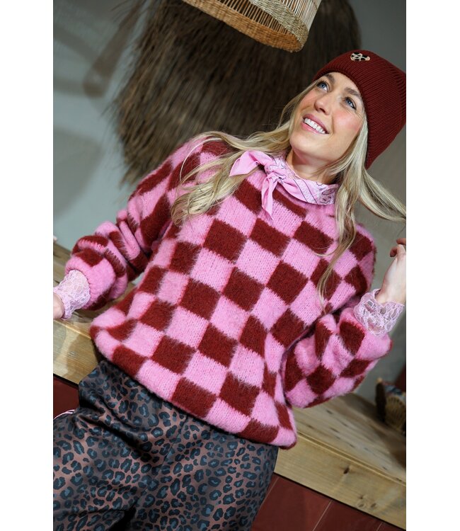 GEBLOKTE TRUI ROZE BURGUNDY