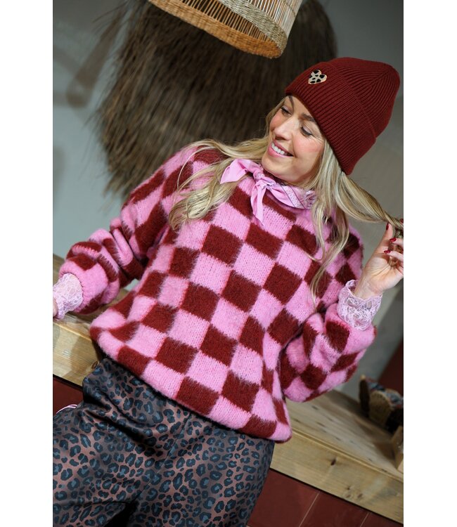 GEBLOKTE TRUI ROZE BURGUNDY