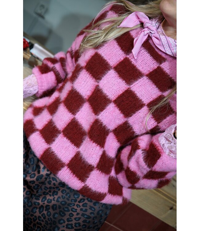 GEBLOKTE TRUI ROZE BURGUNDY