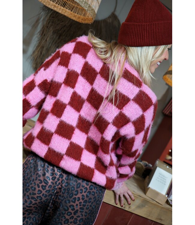 GEBLOKTE TRUI ROZE BURGUNDY