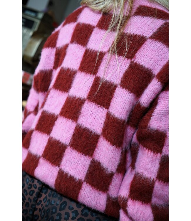 GEBLOKTE TRUI ROZE BURGUNDY